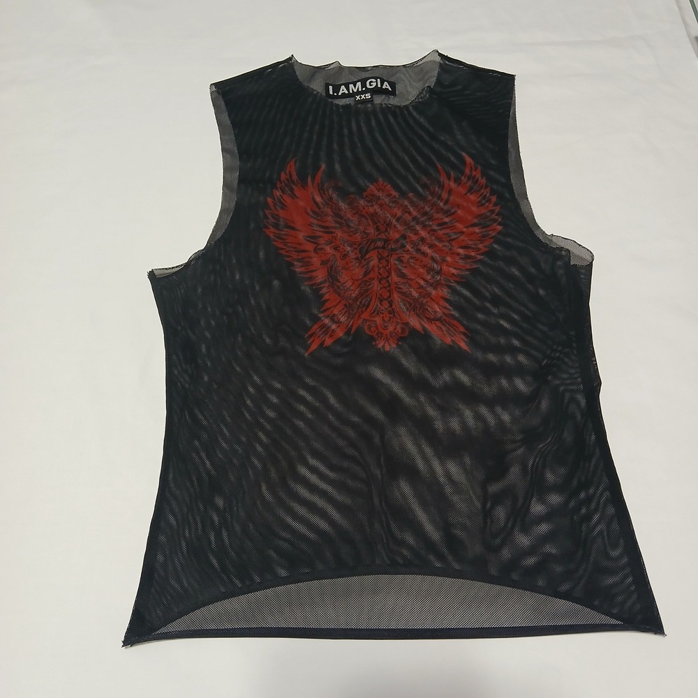 I.AM.GIA Black Mesh Tank Top Red Winged Cross Graphic XXS Sleeveless Sheer